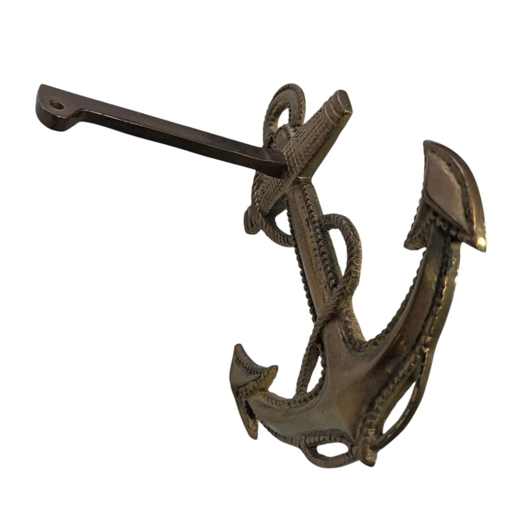 Vintage Large Cast Brass Anchor With Rope, Nautical Wall Mount. 7.5